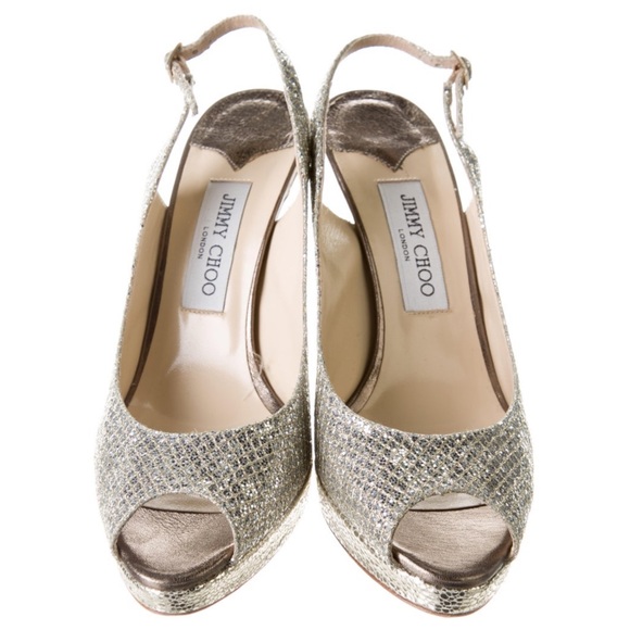JIMMY CHOO Slingback Pumps Glitter Nova Fabric Champagne Peep Toe Metallic Gold - Picture 3 of 10